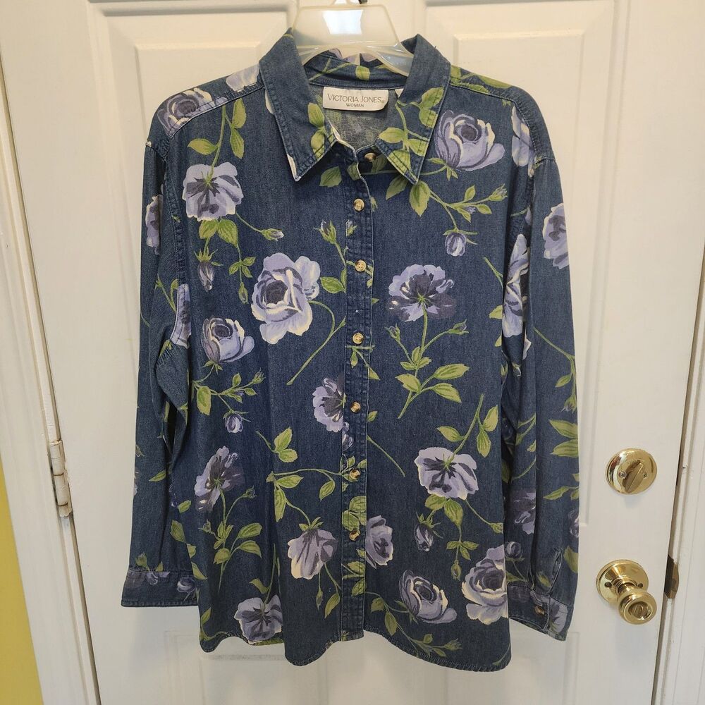 Vintage Victoria Jones Woman Floral Denim Button Up Shirt 2X Cottagecore